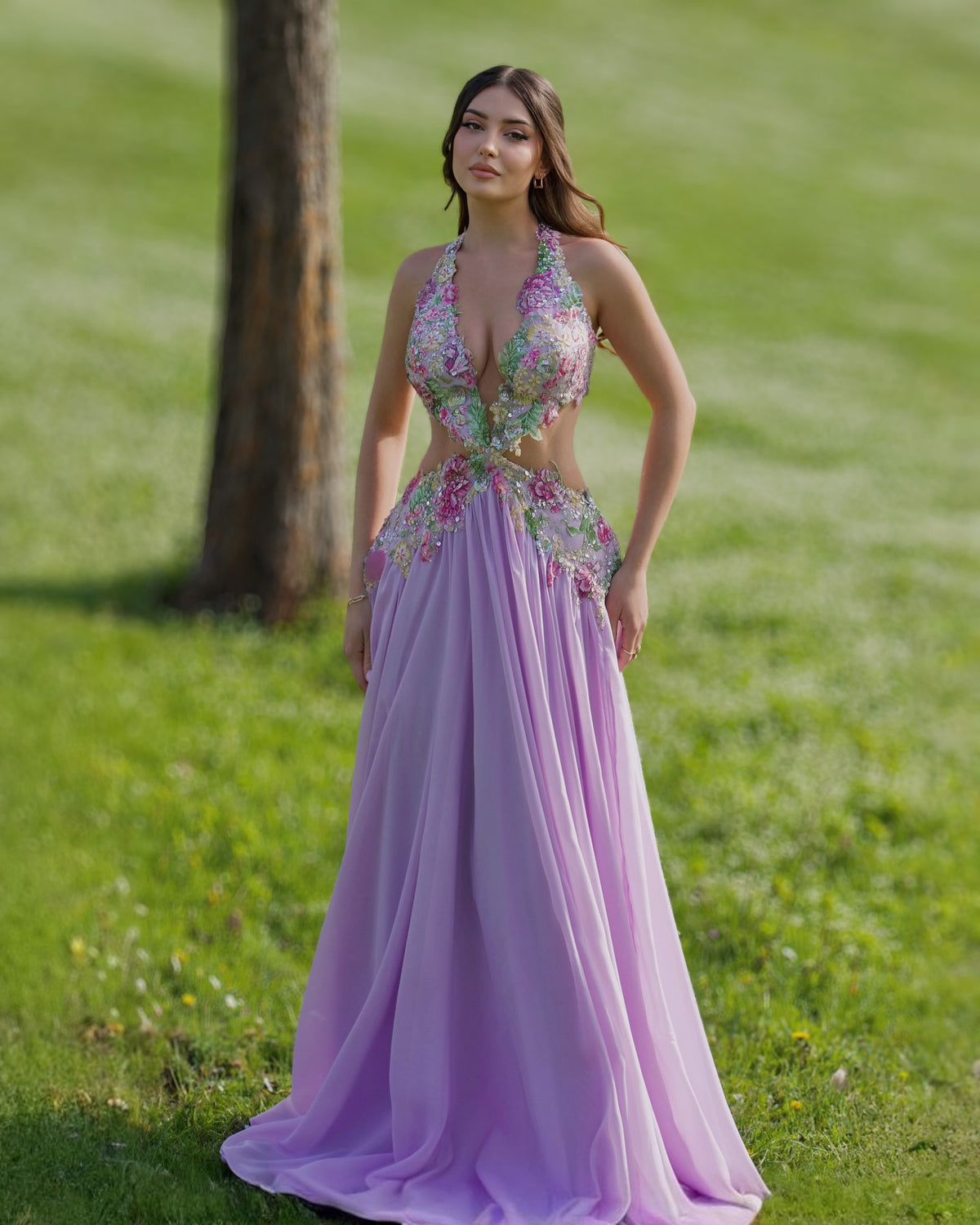 Lavender Floral Halter Cutout Evening Gown