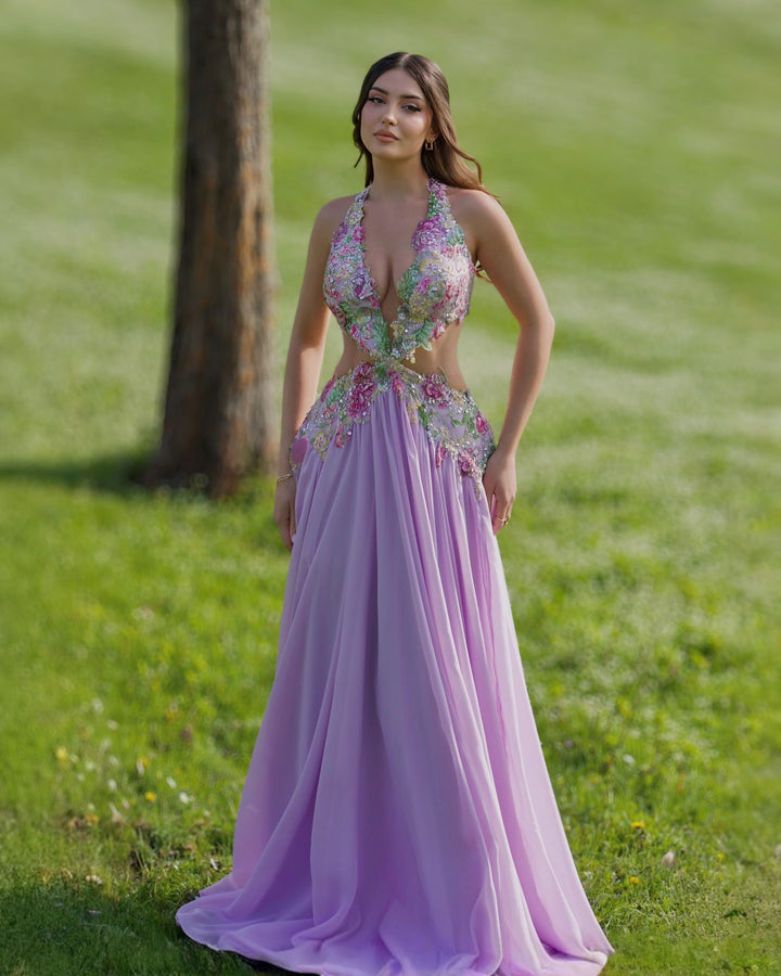 Lavender Floral Halter Cutout Evening Gown