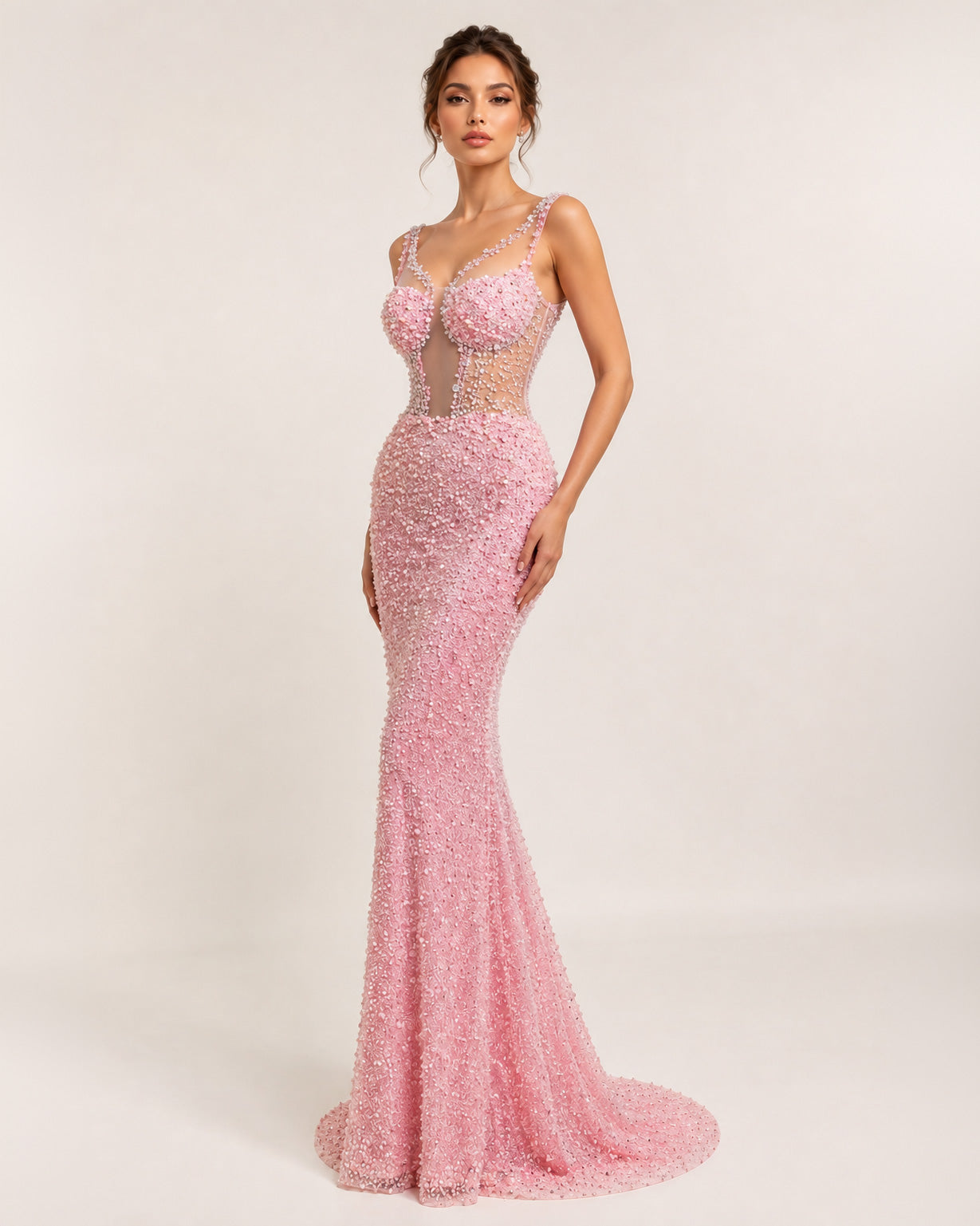 Blush Pink Beaded Illusion Corset Mermaid Prom Dress