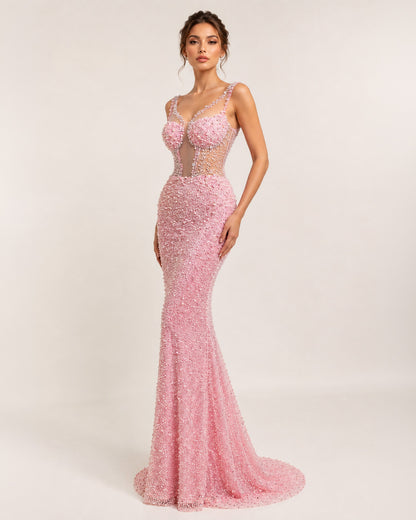 Blush Pink Beaded Illusion Corset Mermaid Prom Dress