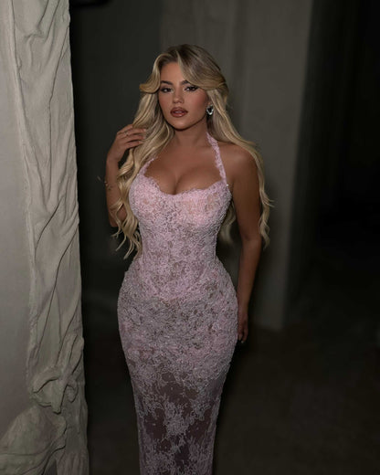Blush Pink Halter Lace Corset Evening Gown with Beaded Embellishment