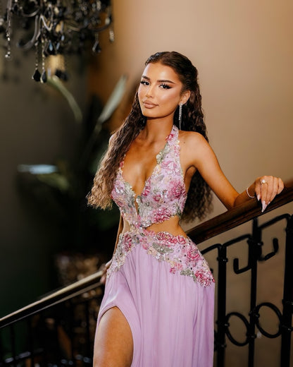 Lilac Floral Embellished Halter Cutout Gown