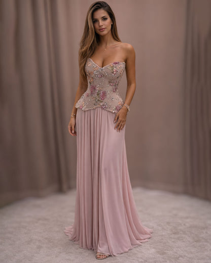 Blush Pink Floral Embellished Corset Gown