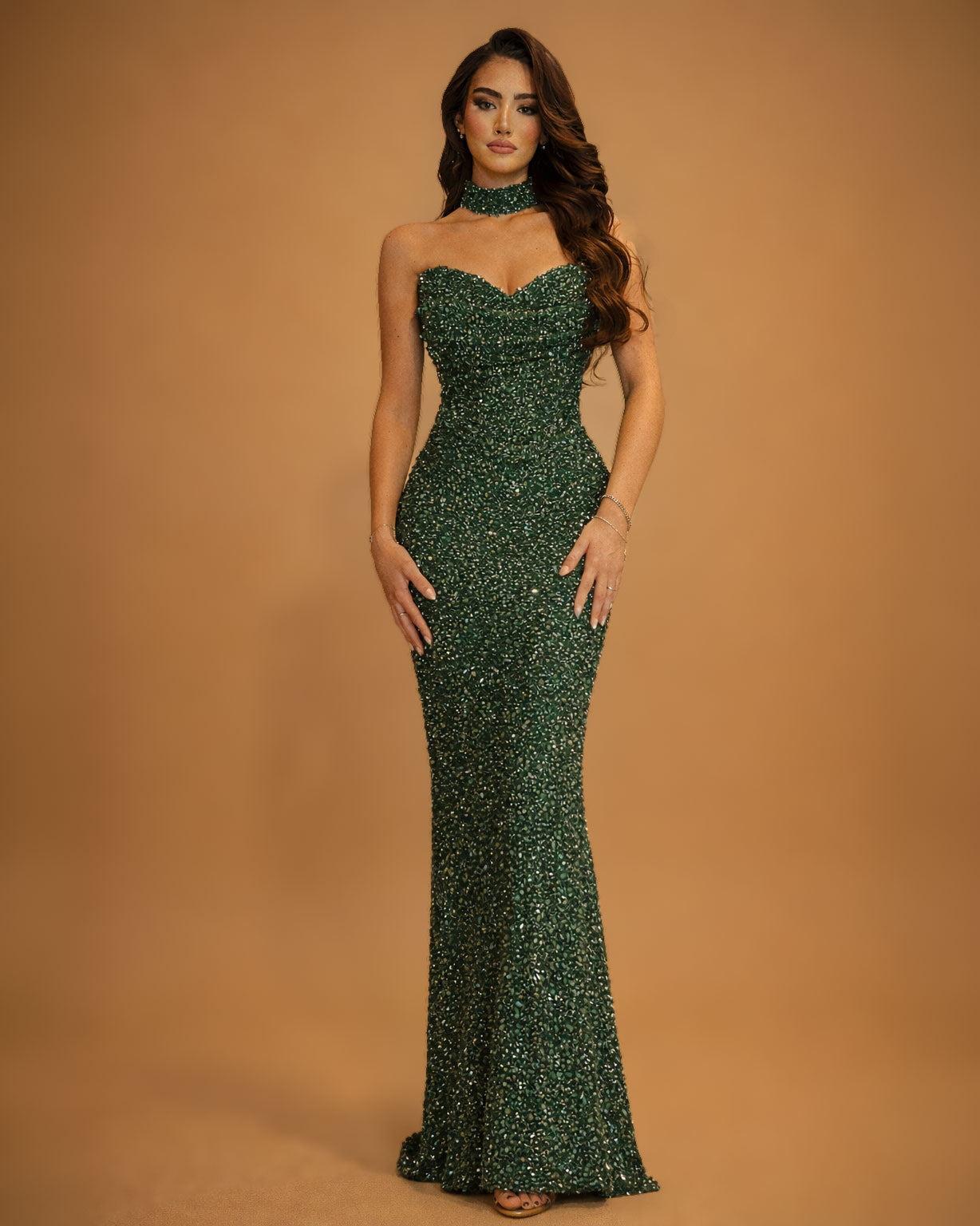Emerald Crystal Strapless Evening Gown with Choker
