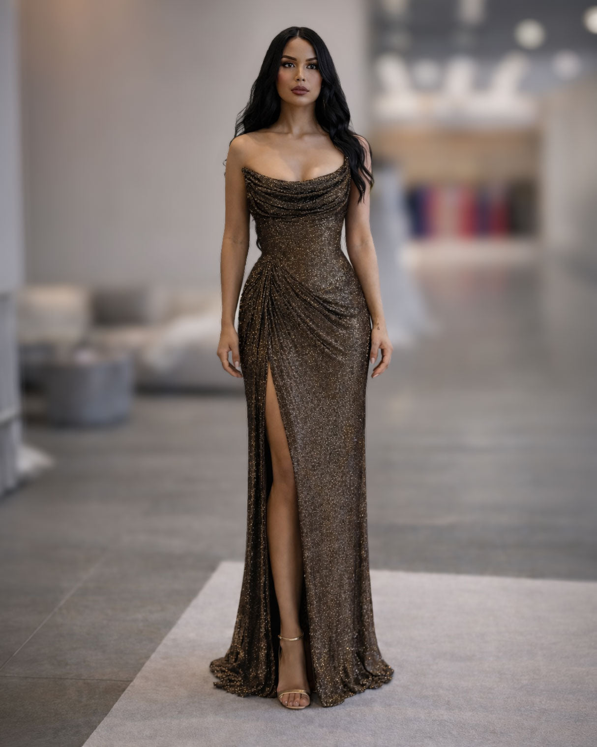 Bronze Glitter Draped Corset Evening Gown with High Slit