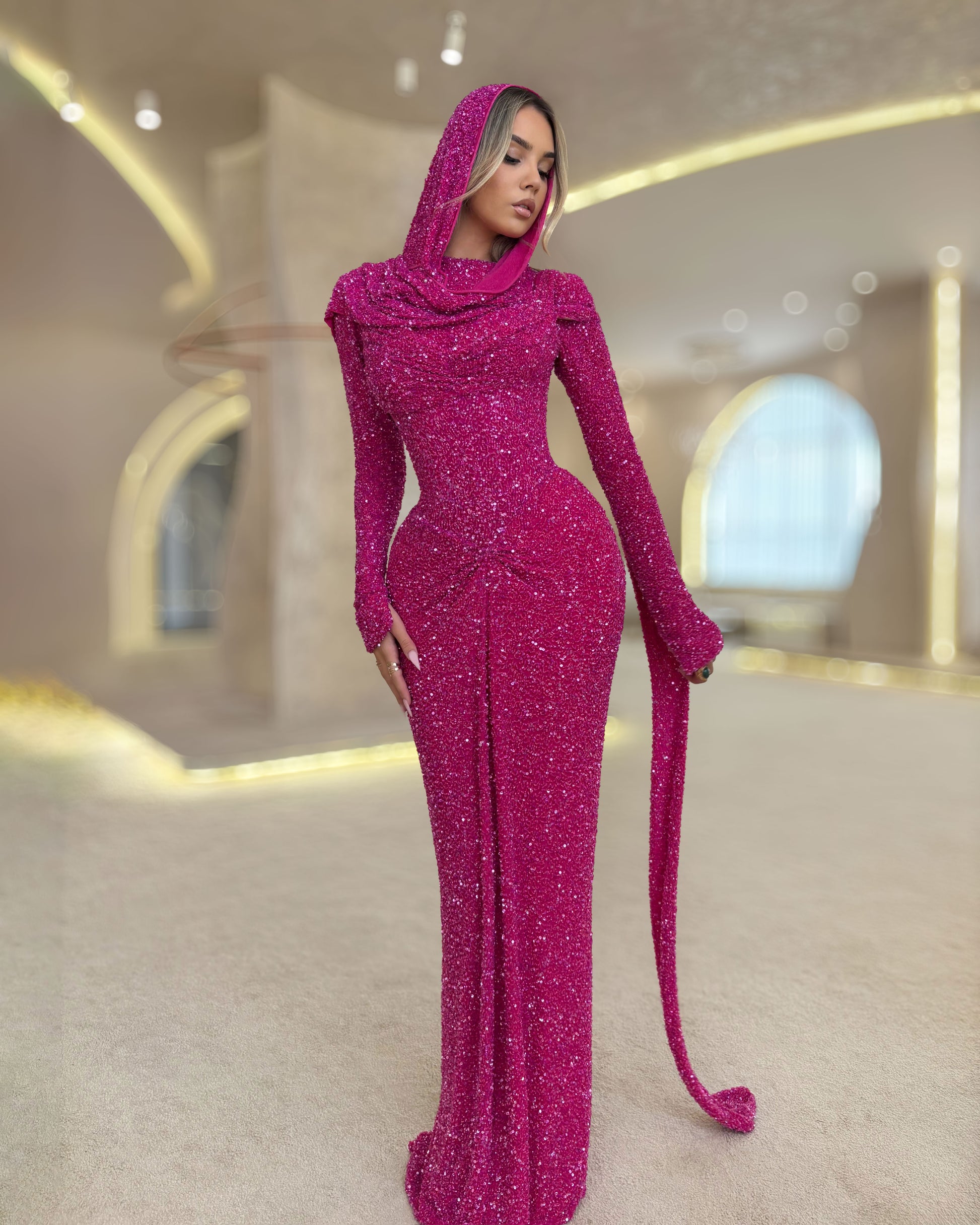 Hot Pink Crystal Hooded Gown  Couture Evening Dress | Reinee Couture