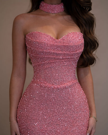 Pink Crystal Strapless Evening Gown with Choker Neck