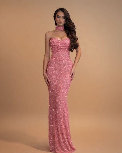Pink Crystal Strapless Evening Gown with Choker Neck