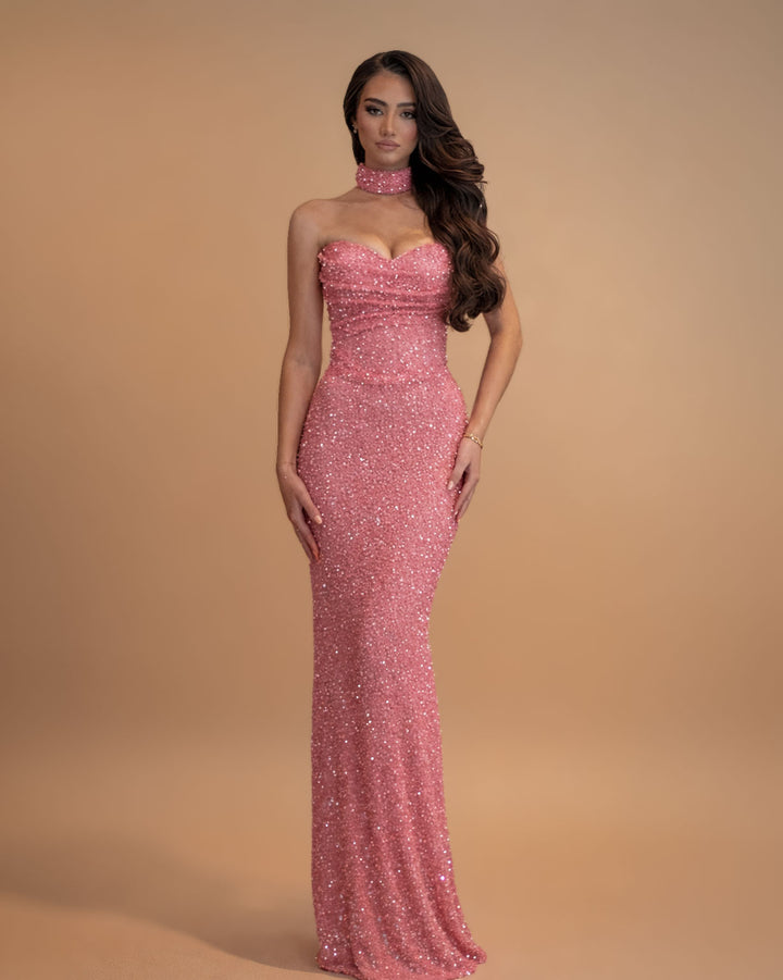Pink crystal strapless evening gown with choker