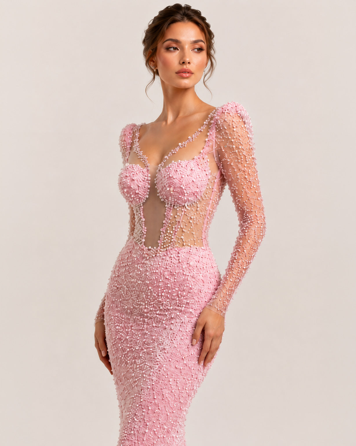 Blush Pink Long Sleeve Beaded Illusion Corset Mermaid Dress