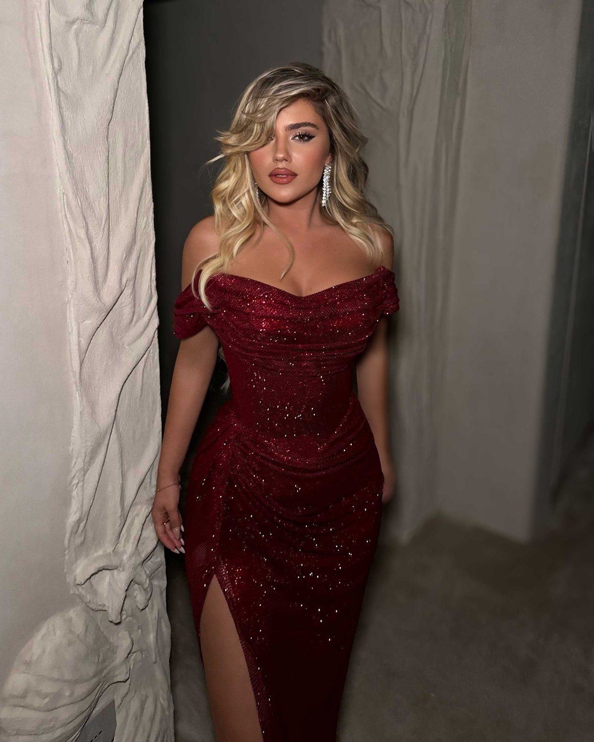 Burgundy Sequin Off-Shoulder Corset Evening Gown with Slit