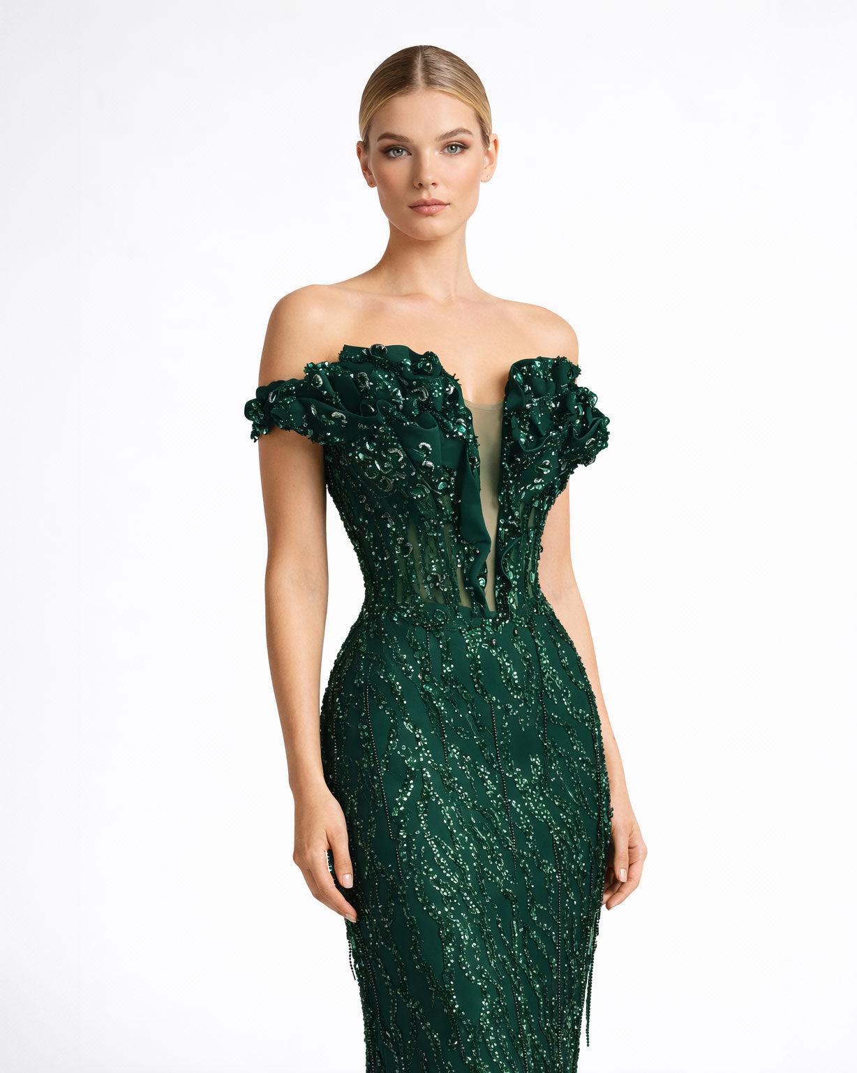 Emerald Embellished Off-Shoulder Evening Gown
