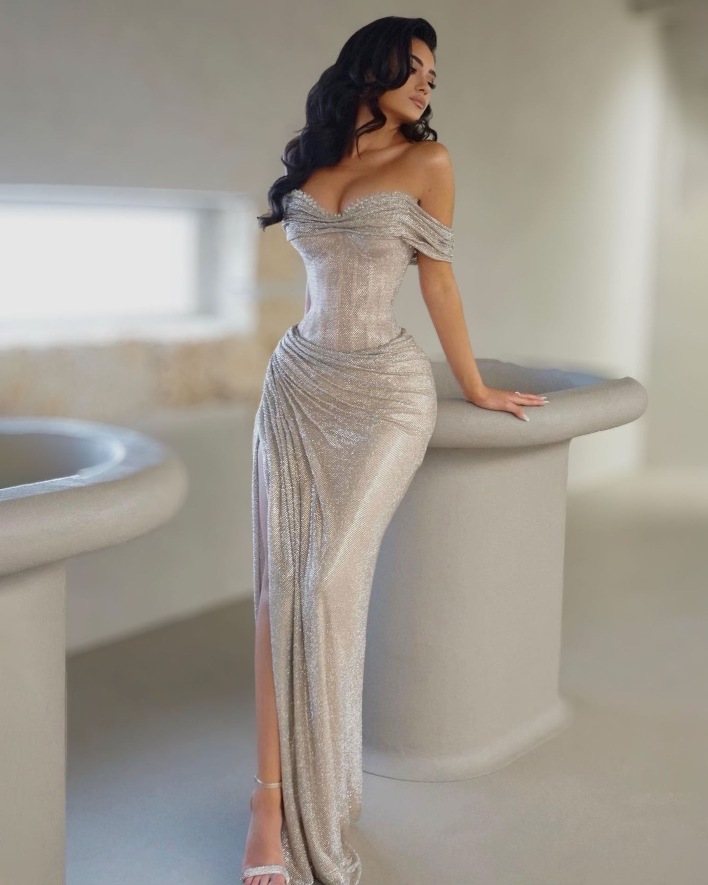 Champagne Off Shoulder Crystal Slit Gown