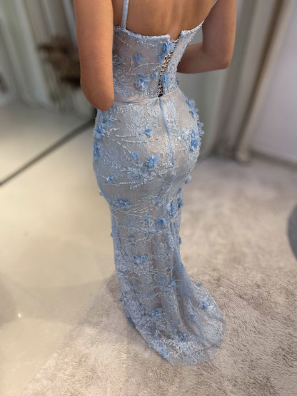 Ice Blue 3D Floral Lace Mermaid Gown With Corset Back