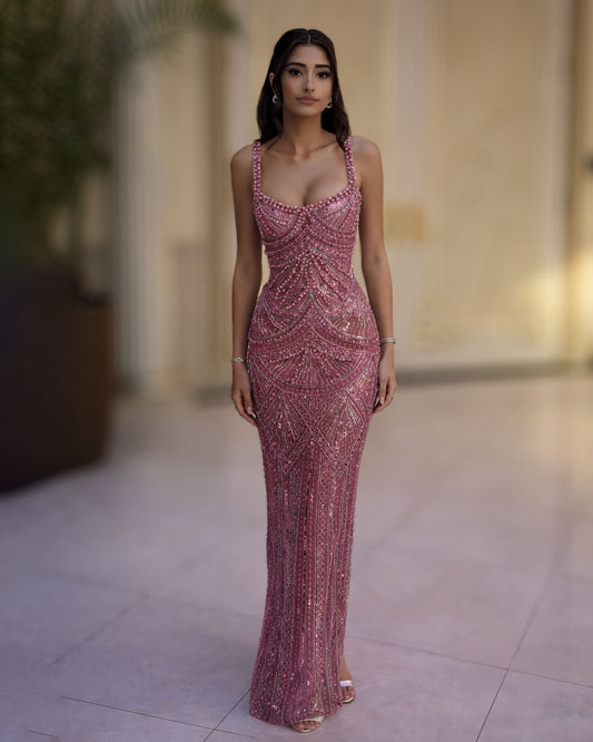 Rose Pink Pearl Embellished Evening Gown