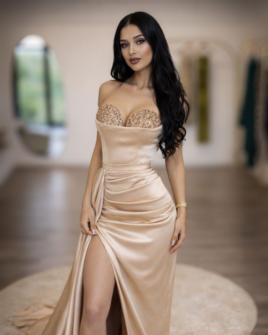 Champagne Crystal Corset Gown with High Slit
