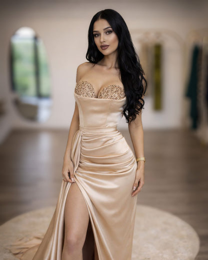 Champagne Crystal Corset Gown with High Slit