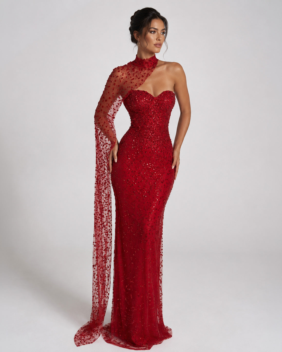 Red One Shoulder Beaded Corset Evening Gown with Draped Sleeve