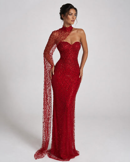 Red One Shoulder Beaded Corset Evening Gown with Draped Sleeve