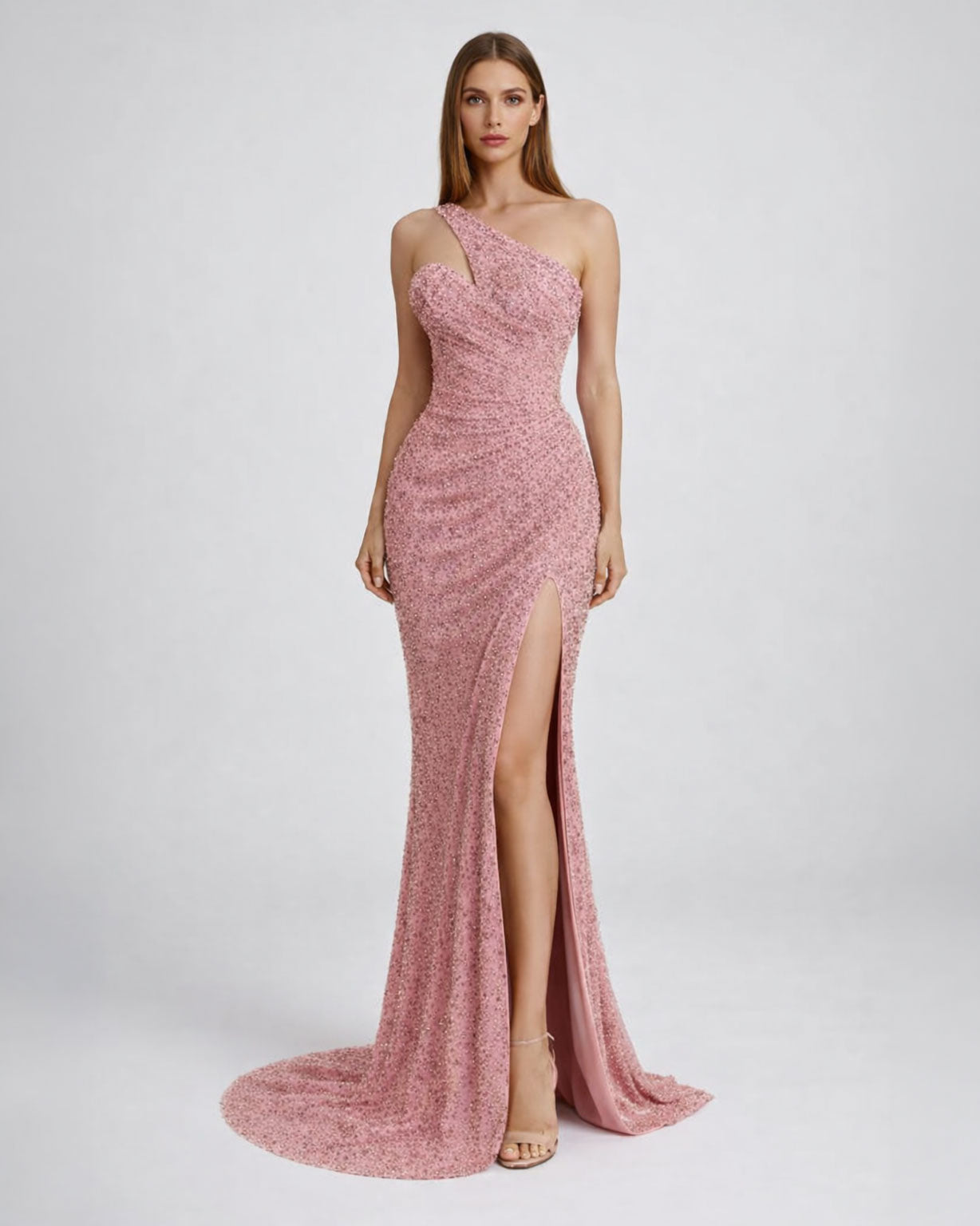 Blush One-Shoulder Crystal Slit Gown