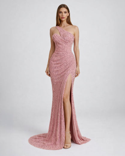Blush One-Shoulder Crystal Slit Gown