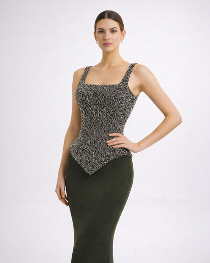 Black Beaded Corset Column Gown