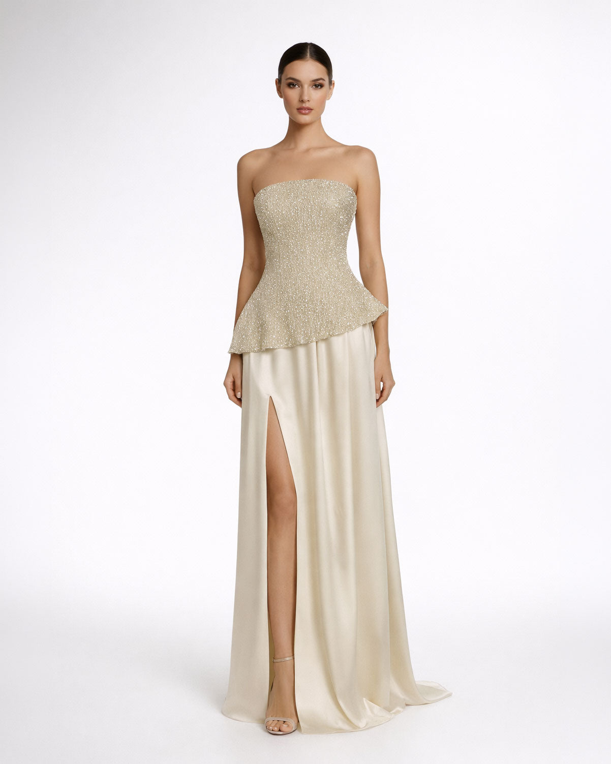 Champagne Beaded Strapless Evening Gown with Slit