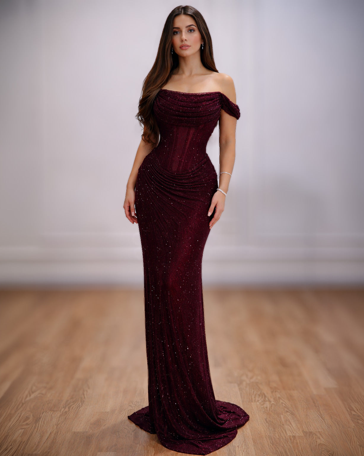 Burgundy Off Shoulder Corset Evening Gown with Draped Bodice