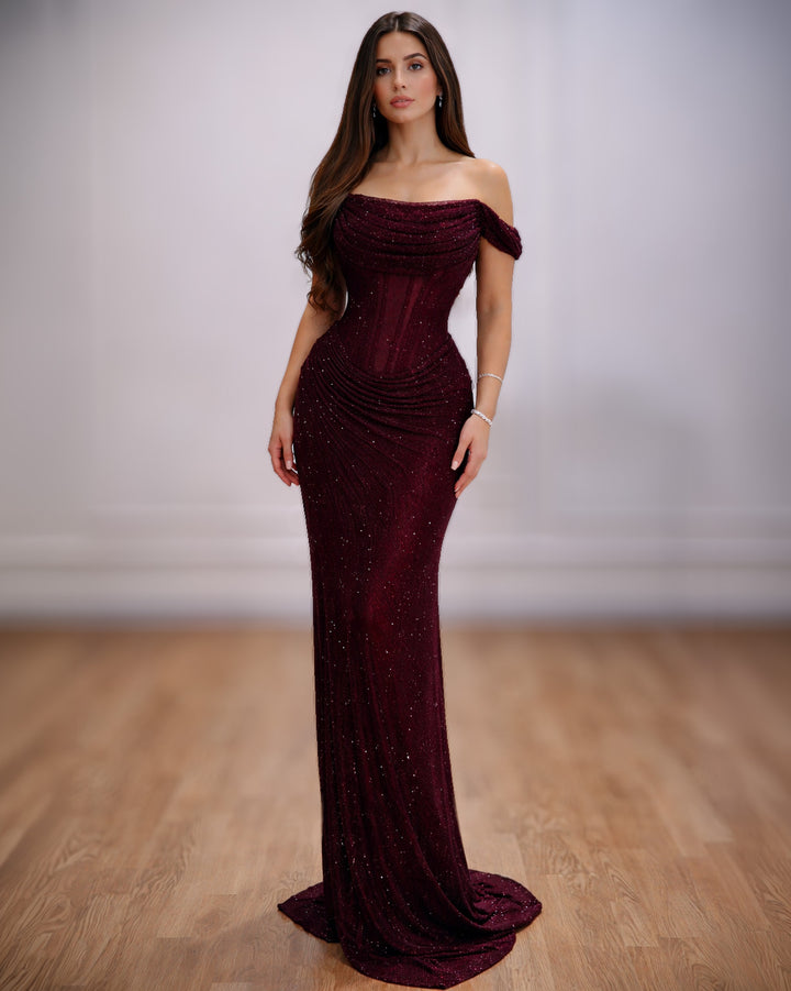 Burgundy couture off-shoulder corset evening gown with draped bodice