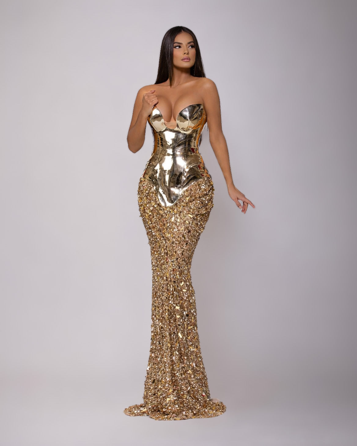 Gold Sculpted Metallic Corset Mermaid Gown