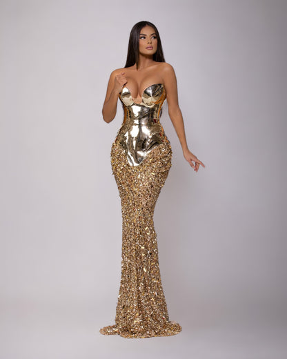 Gold Sculpted Metallic Corset Mermaid Gown