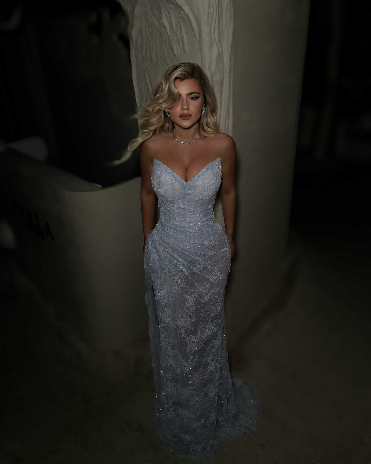 Ice Blue Lace Strapless Corset Evening Gown with Slit