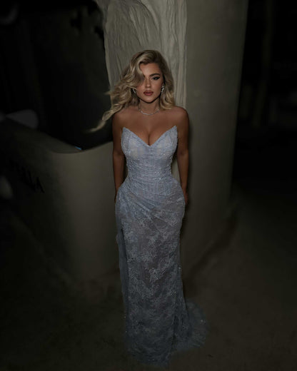 Ice Blue Lace Strapless Corset Evening Gown with Slit