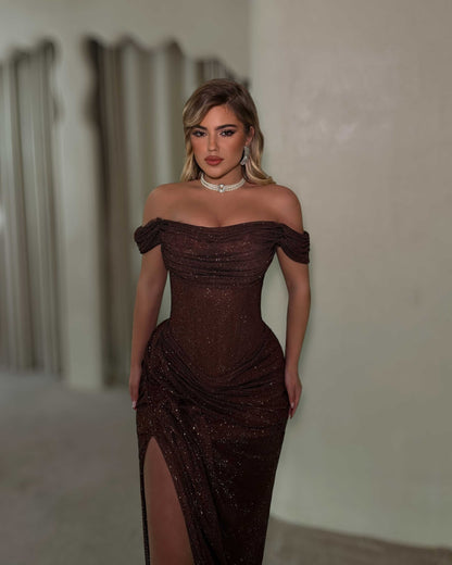 Chocolate Brown Off-Shoulder Glitter Corset Gown