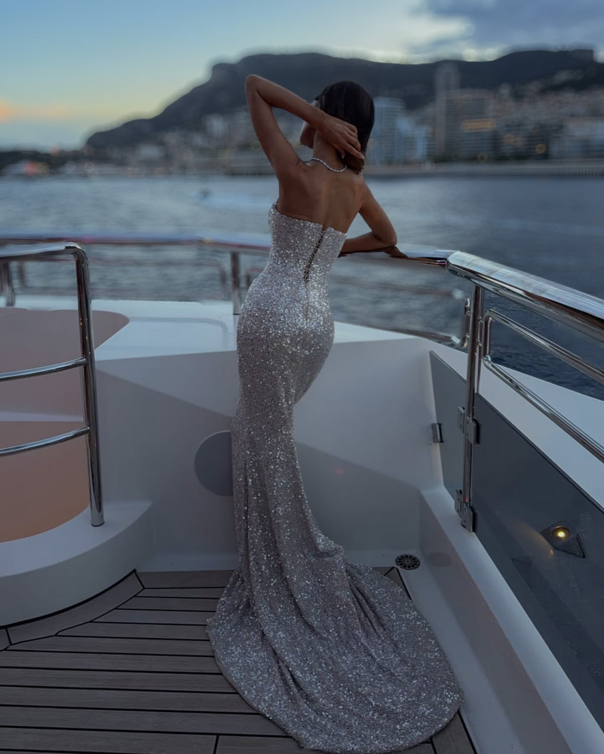 Silver Crystal Draped Strapless Corset Gown