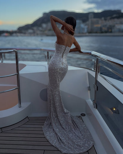 Silver Crystal Draped Strapless Corset Gown