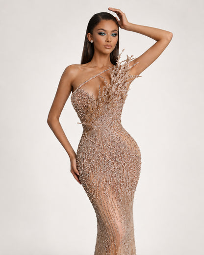 Nude One Shoulder Crystal Beaded Couture Mermaid Gown