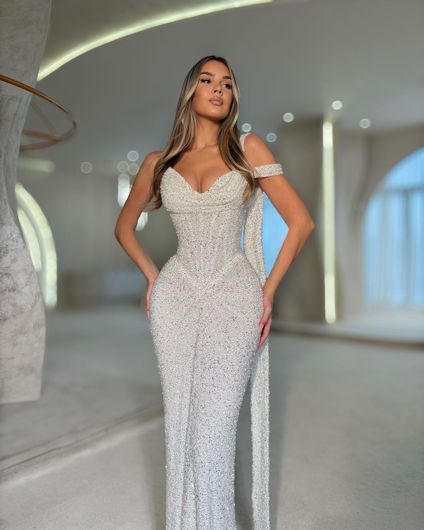 White Crystal Evening Gown with Draped Shoulder Detail