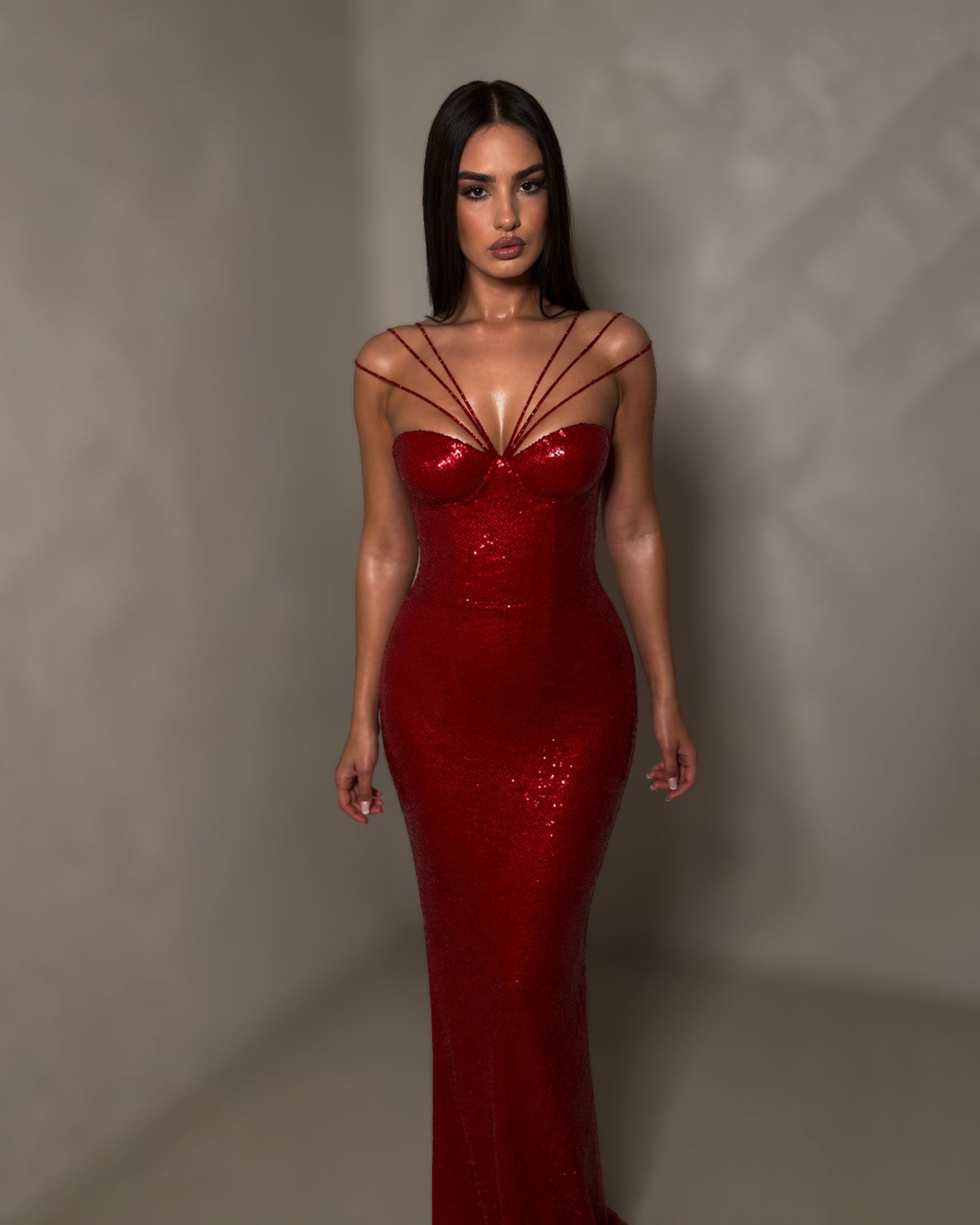 Red Crystal Strap Mermaid Evening Gown