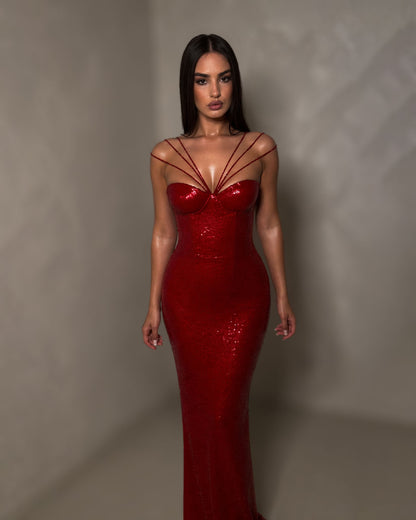 Red Crystal Strap Mermaid Evening Gown