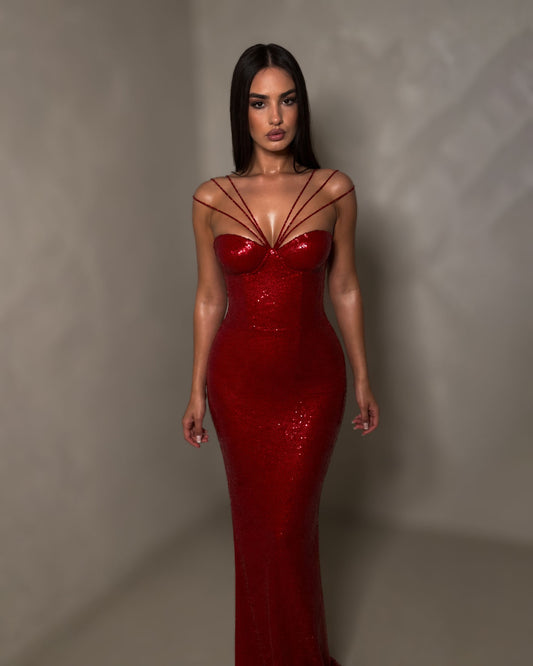 Red Crystal Strap Mermaid Evening Gown