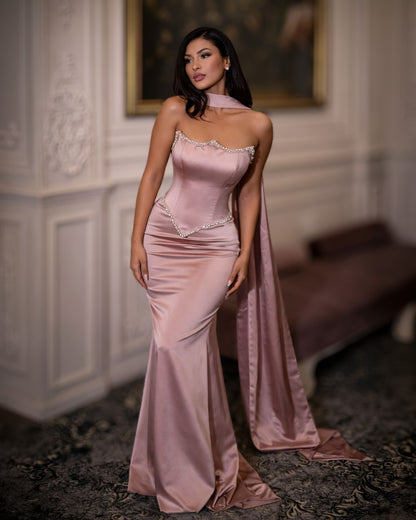 Rose Blush Satin Corset Gown with Crystal Trim