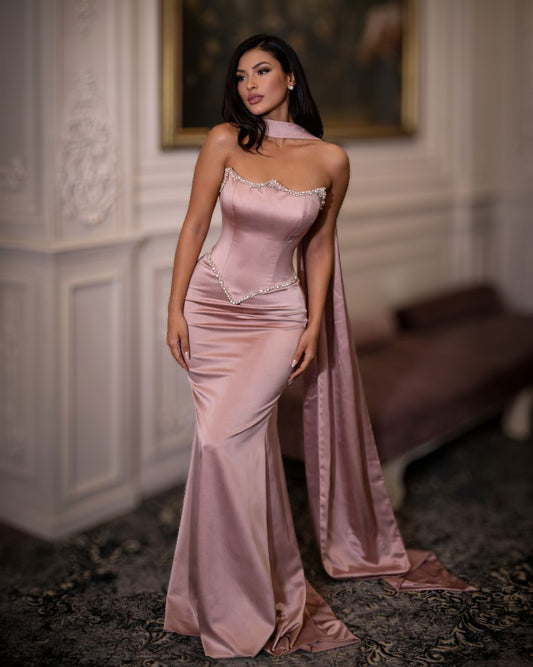 Rose Blush Satin Corset Gown with Crystal Trim