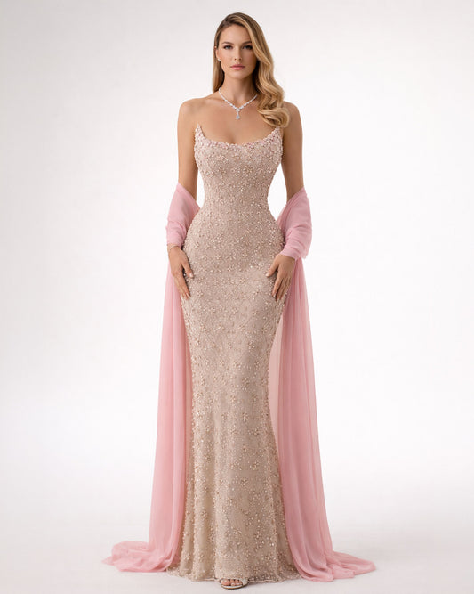 Blush Floral Embellished Evening Gown with Chiffon Draped Sleeves