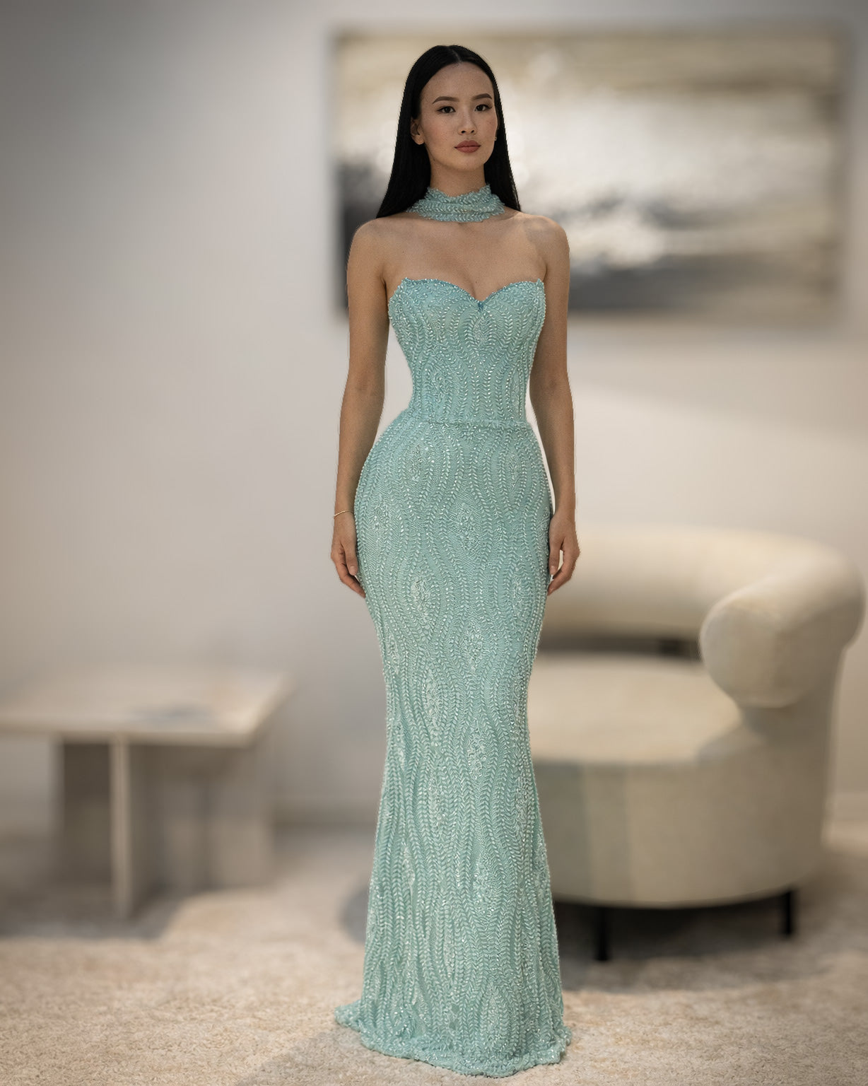 mint beaded dress Jovani -43189 Sheer Corset Bodice Prom Gown with High Slit and Beaded Detailing, MINT