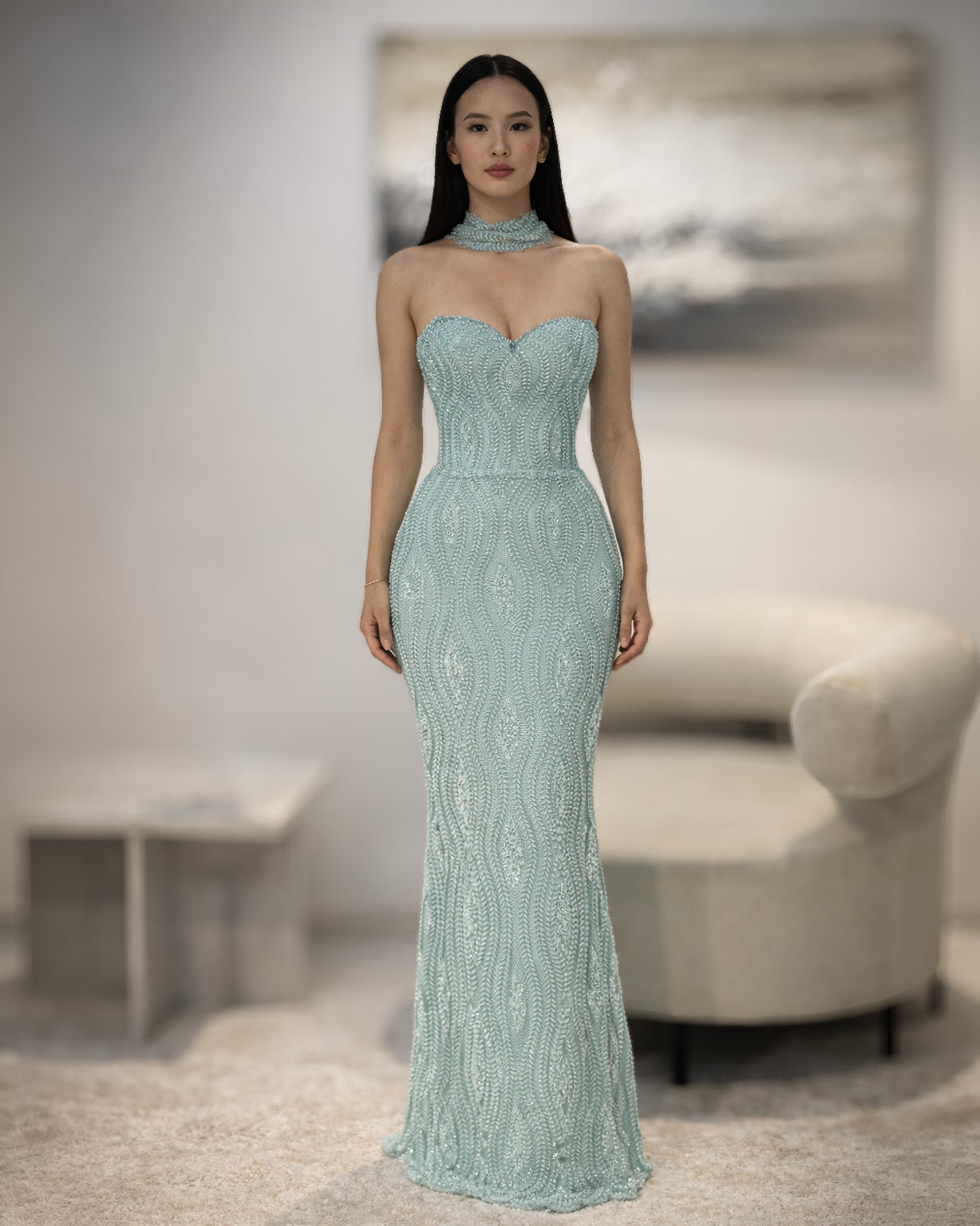 mint evening dress Beaded Strapless Column Gown with Choker Neck Detail neiman Dress's Color:4#-Pink 20 Best Plus Size evening party or any