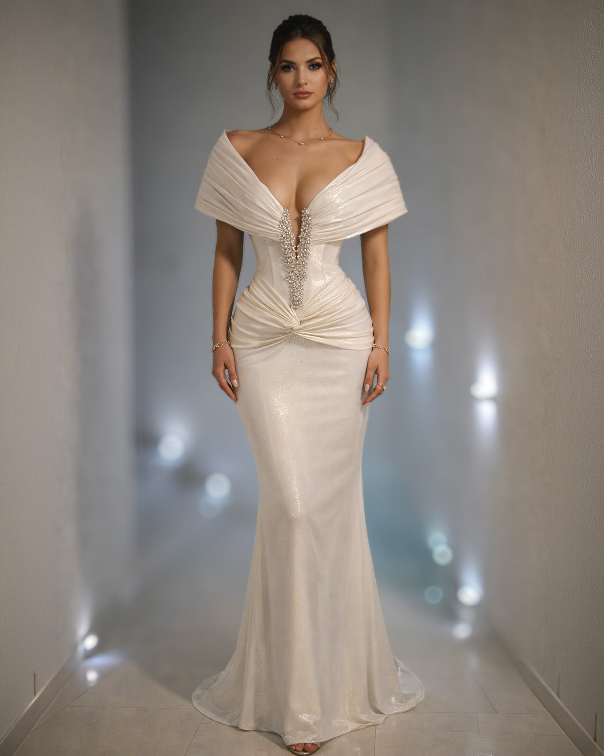Ivory Draped Corset Evening Gown with Crystal Center Detail