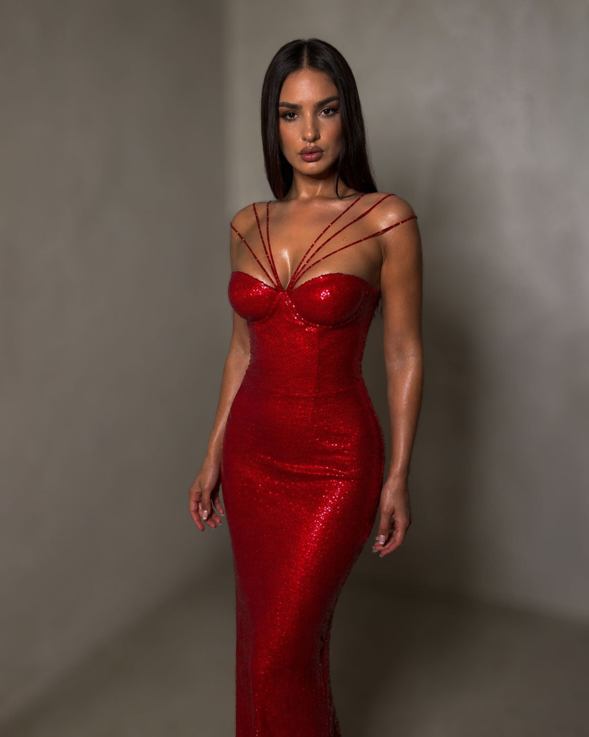 Red Crystal Strap Mermaid Evening Gown
