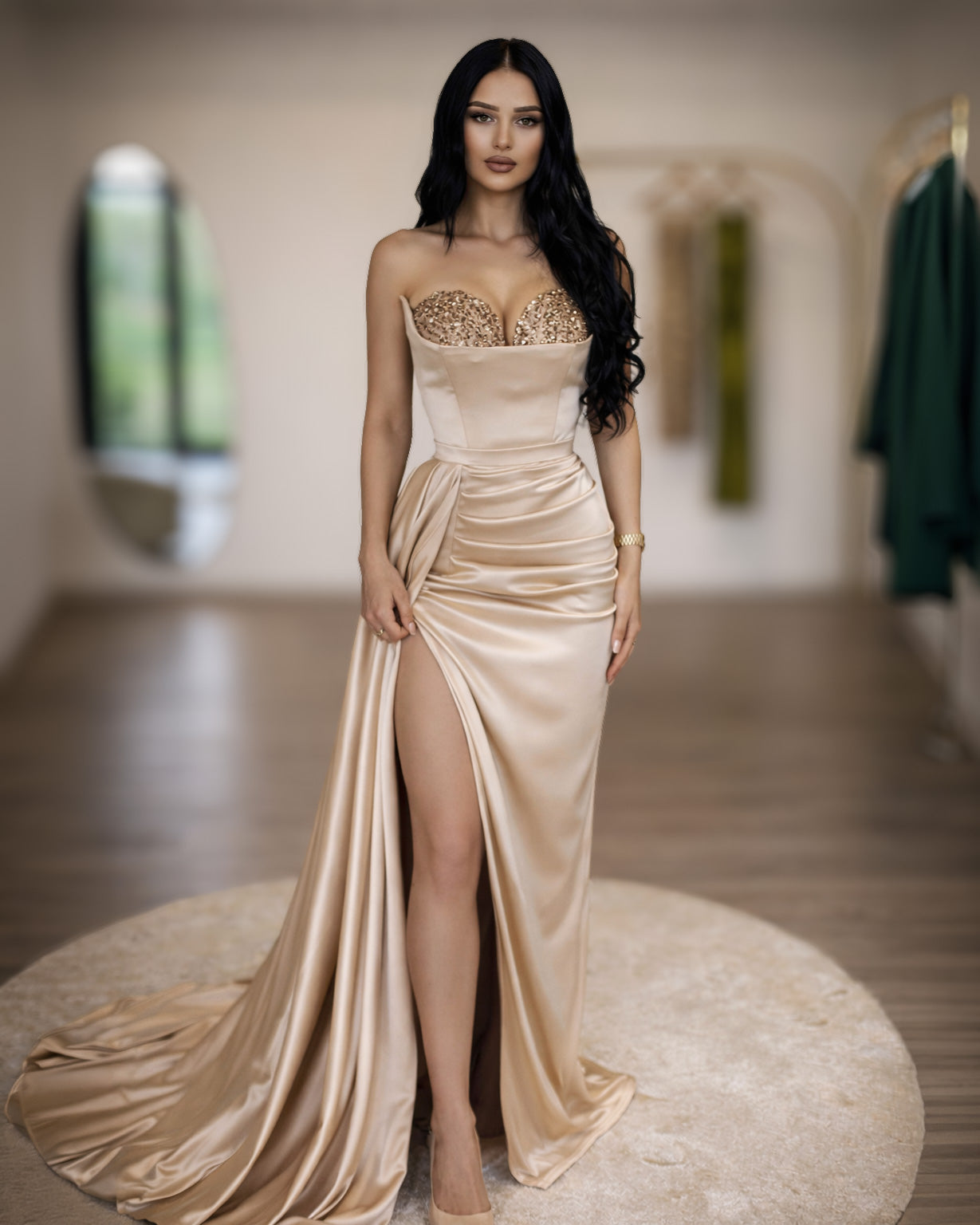 Champagne Crystal Corset Gown with High Slit