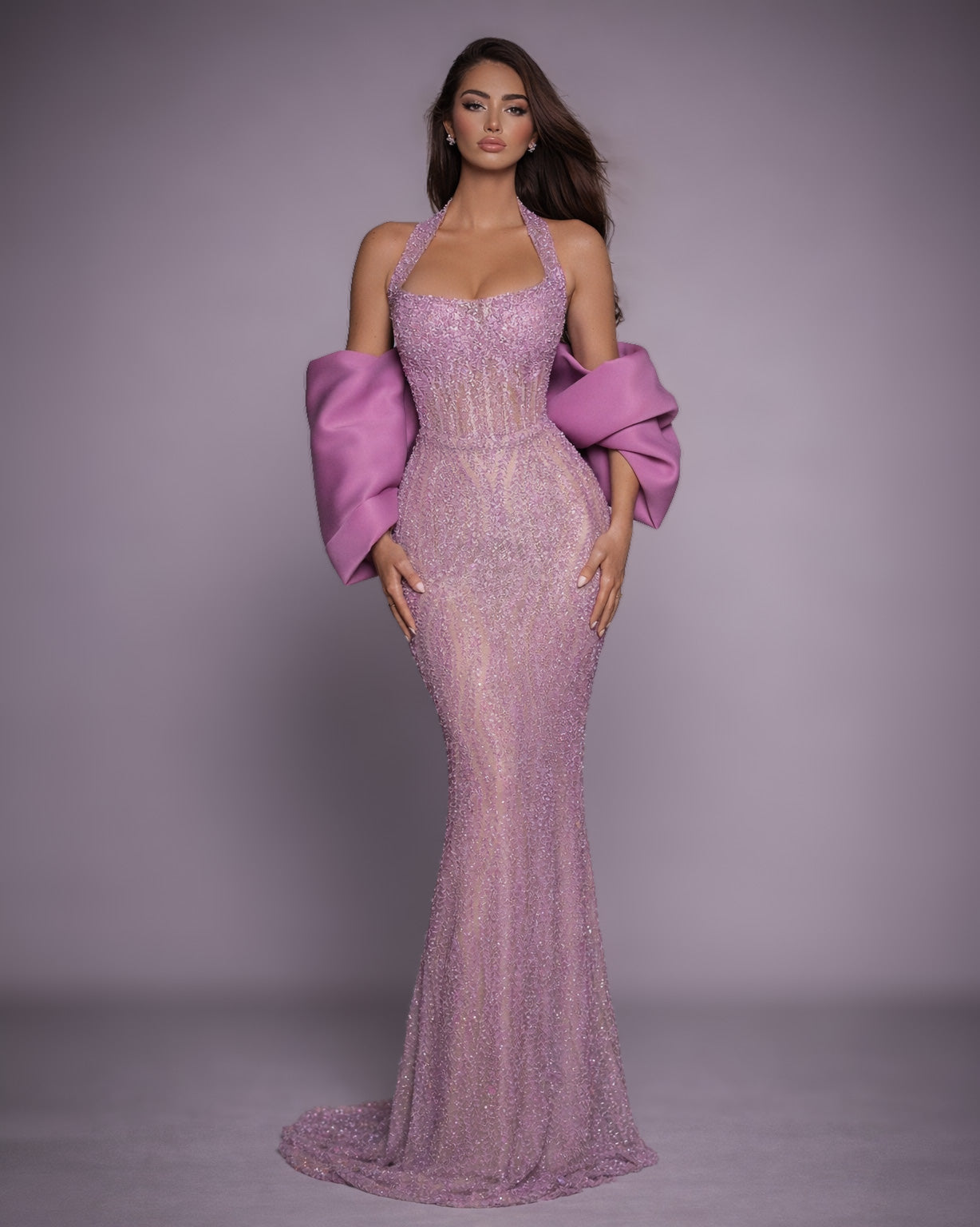 Lilac Crystal Halter Gown with Sculptural Sleeves